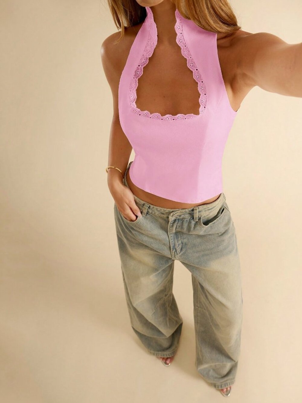 Baby Pink Casual Women's Sleeveless Square Neck Lace Trim Fitted Top - Picture 1 of 8